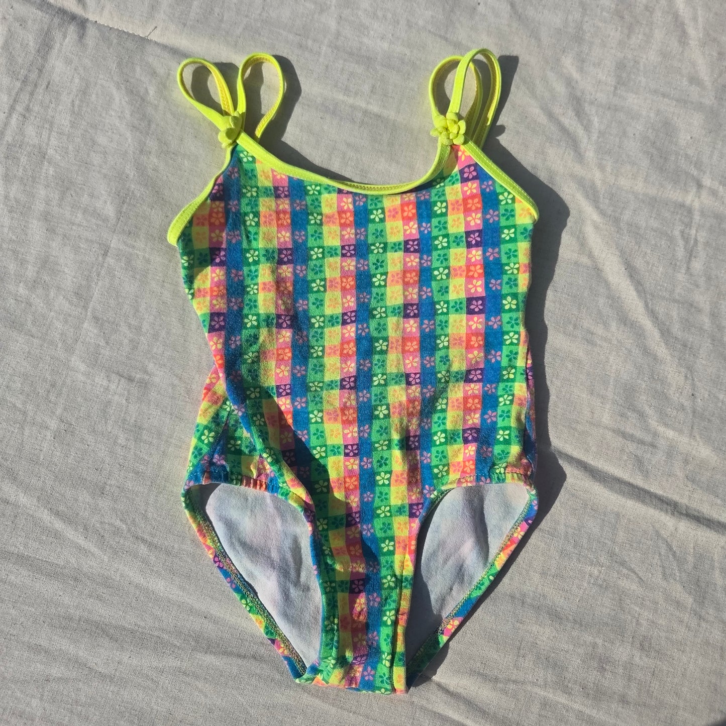 90s Colorful Floral Gingham Swimsuit 2t