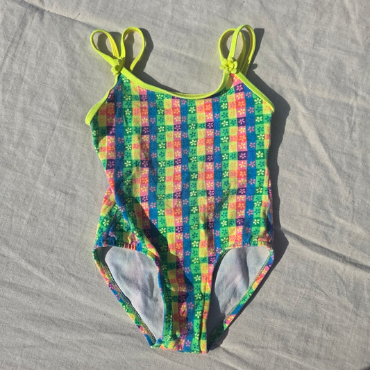 90s Colorful Floral Gingham Swimsuit 2t