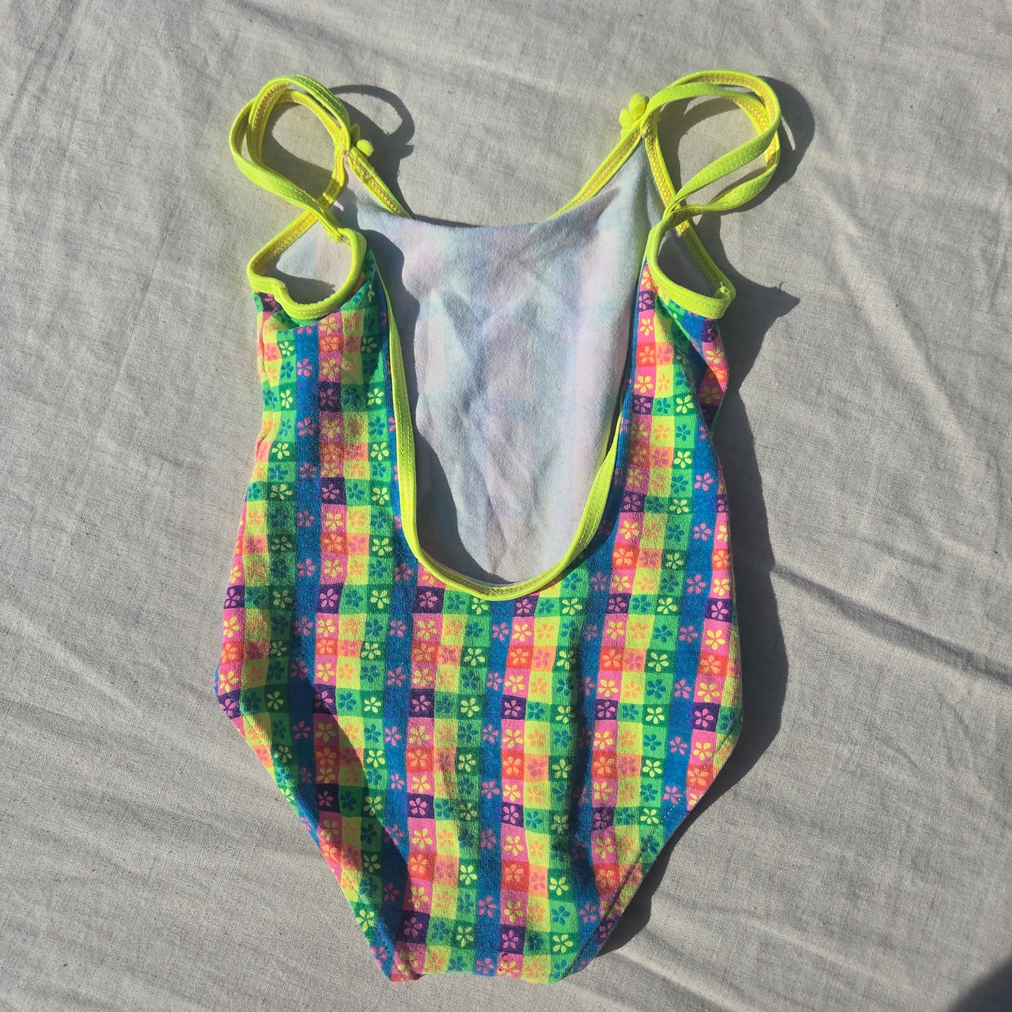 90s Colorful Floral Gingham Swimsuit 2t