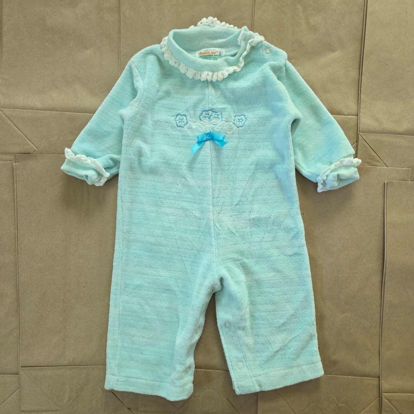80s Vintage Floral Mint Velour Bodysuit 6 months