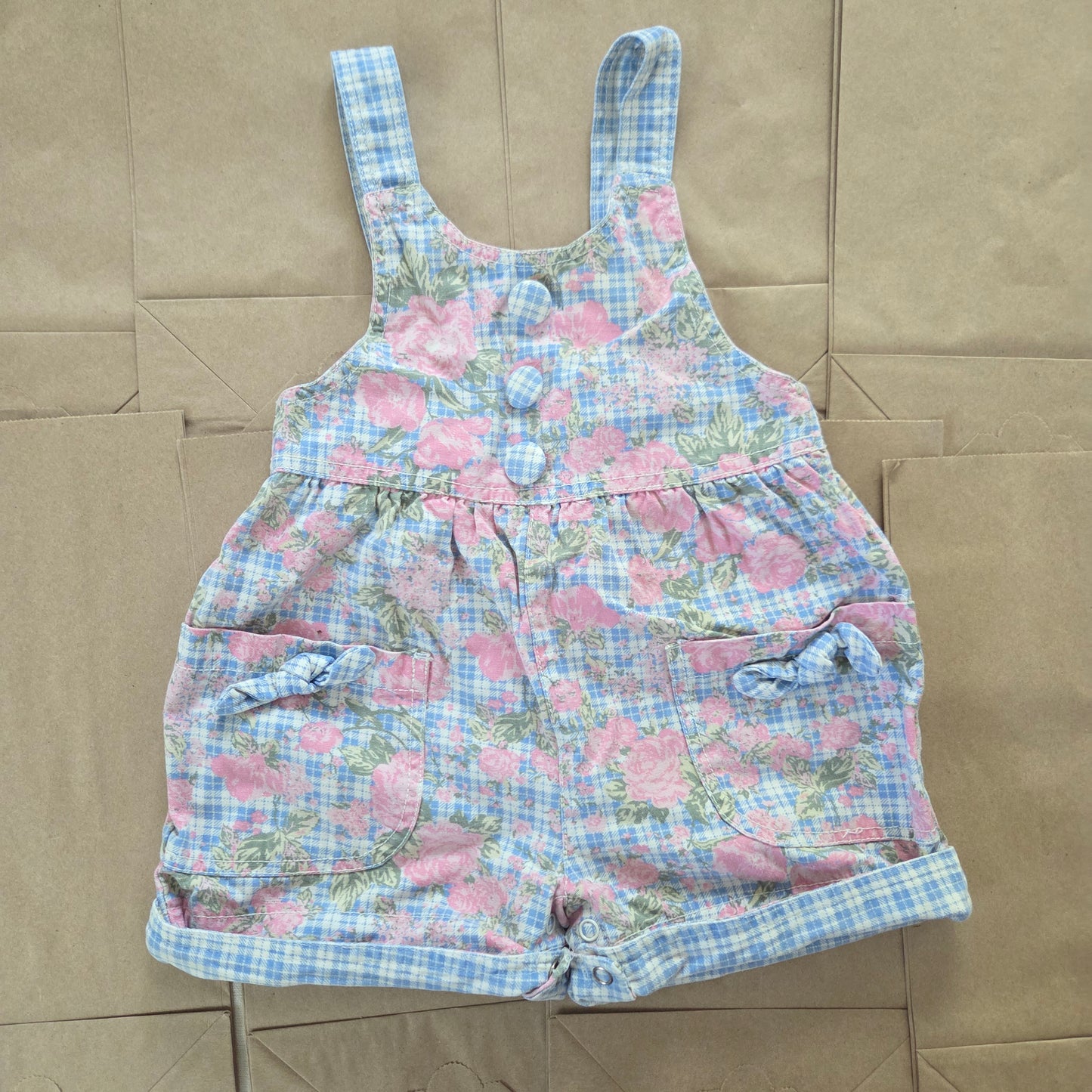 90s Vintage Floral Plaid Denim Shortalls 18 months