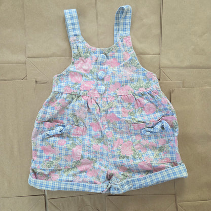90s Vintage Floral Plaid Denim Shortalls 18 months