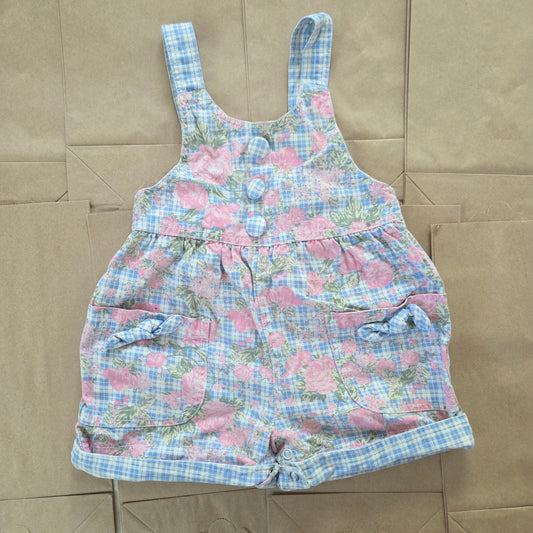 90s Vintage Floral Plaid Denim Shortalls 18 months
