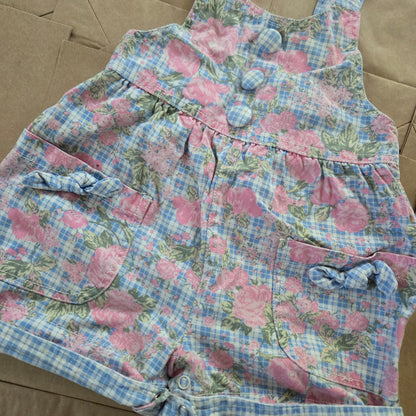 90s Vintage Floral Plaid Denim Shortalls 18 months