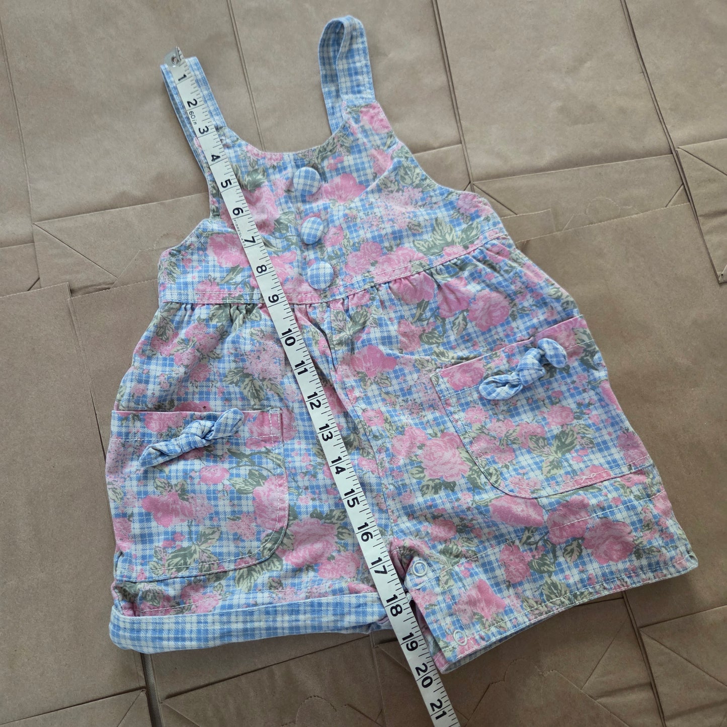90s Vintage Floral Plaid Denim Shortalls 18 months
