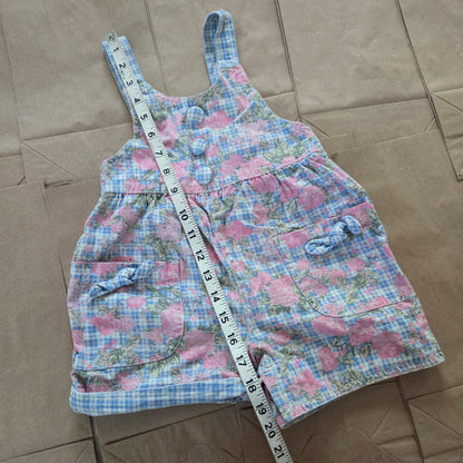 90s Vintage Floral Plaid Denim Shortalls 18 months