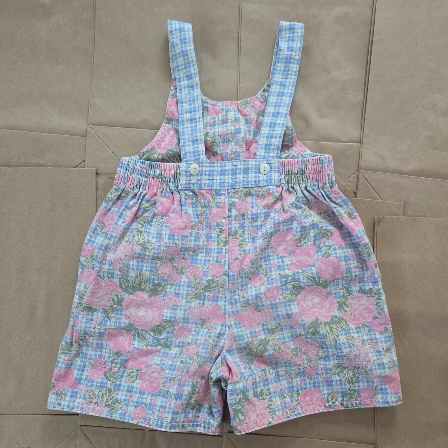 90s Vintage Floral Plaid Denim Shortalls 18 months