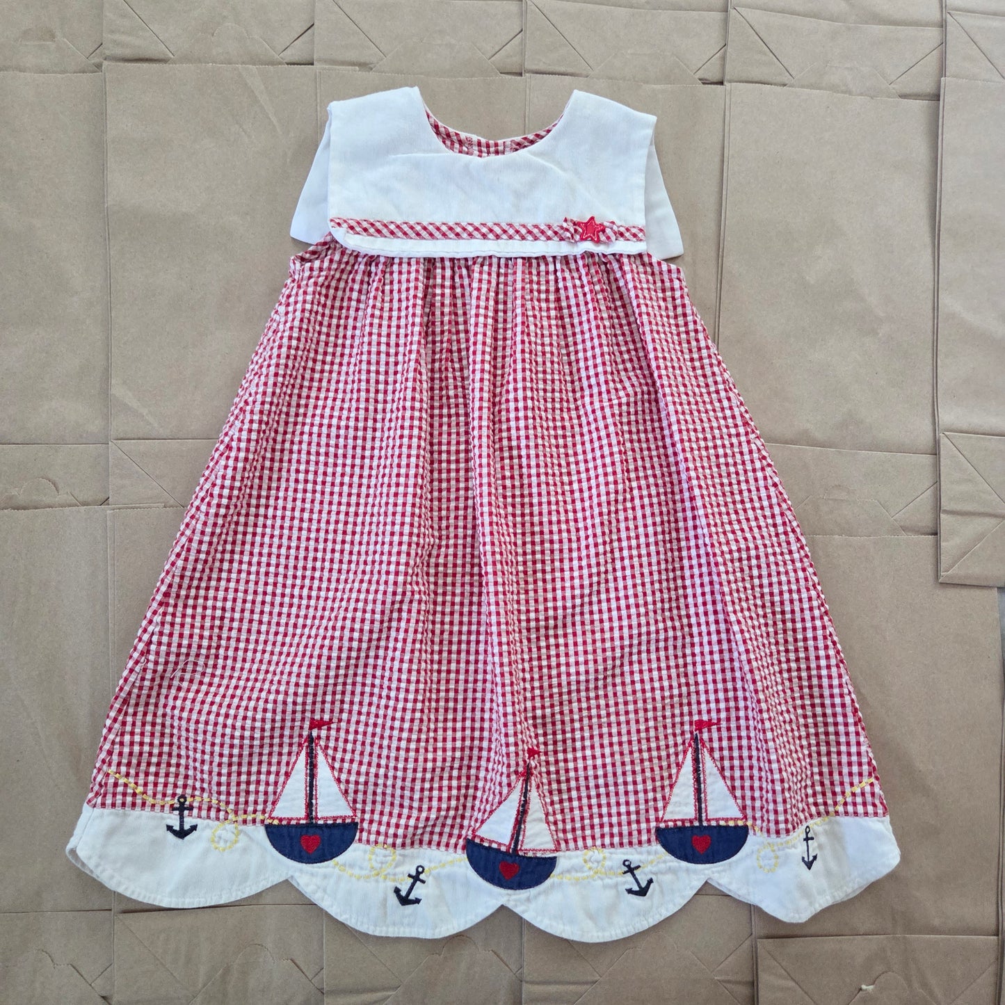 90s Vintage Sailboat Seersucker Gingham Dress 4t/5t