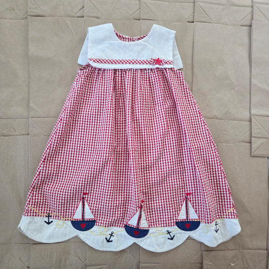 90s Vintage Sailboat Seersucker Gingham Dress 4t/5t