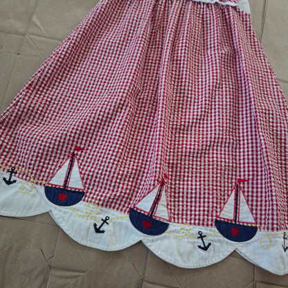 90s Vintage Sailboat Seersucker Gingham Dress 4t/5t