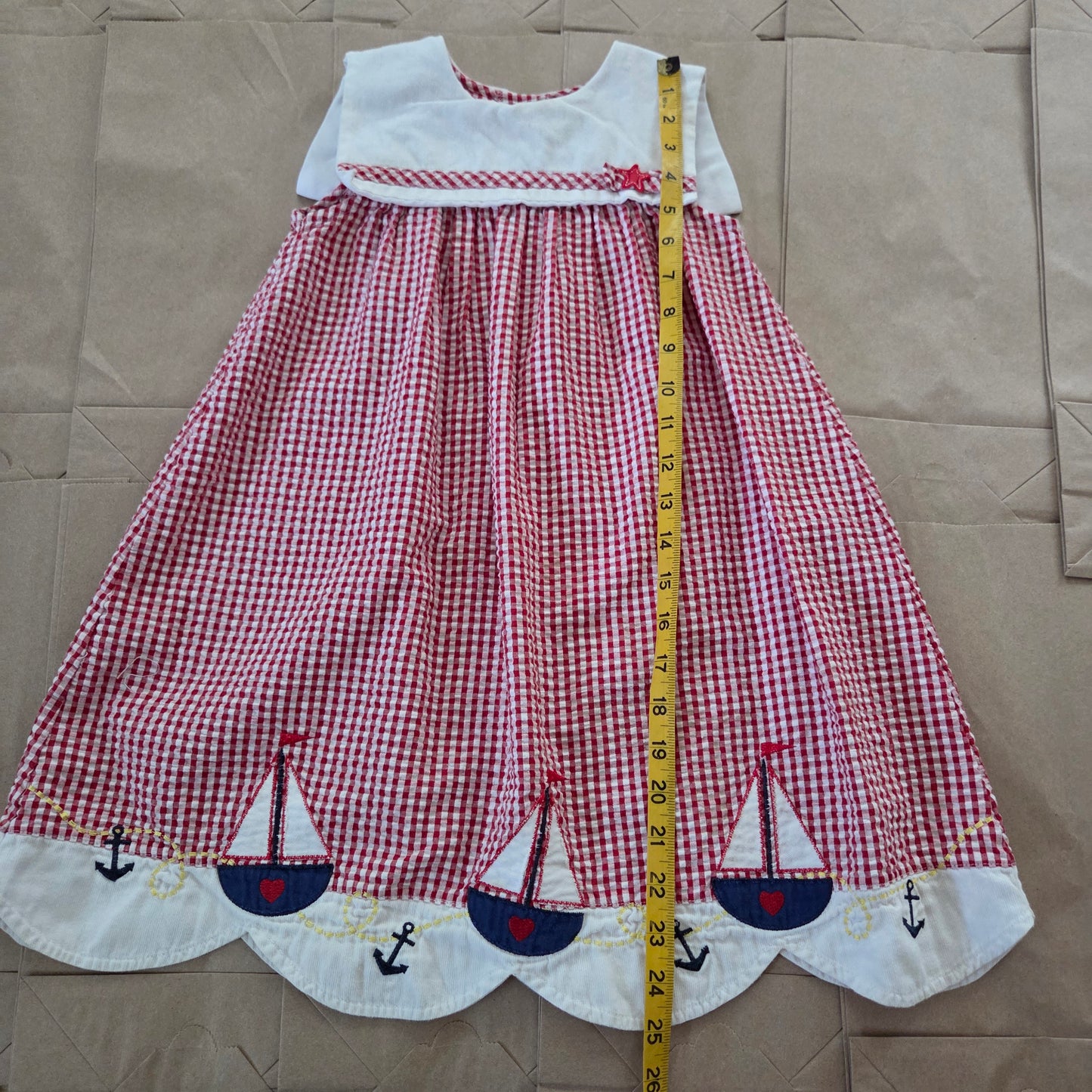 90s Vintage Sailboat Seersucker Gingham Dress 4t/5t